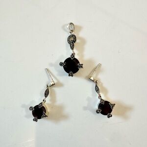 Thailand CM 925 Genuine Sterling Silver, Garnet Marcasite Earrings and Pendant